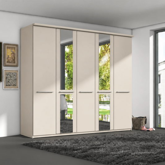 Wiemann Cairns five door hinged wardrobe with 2 Mirror doors and cornice shown in Champagne