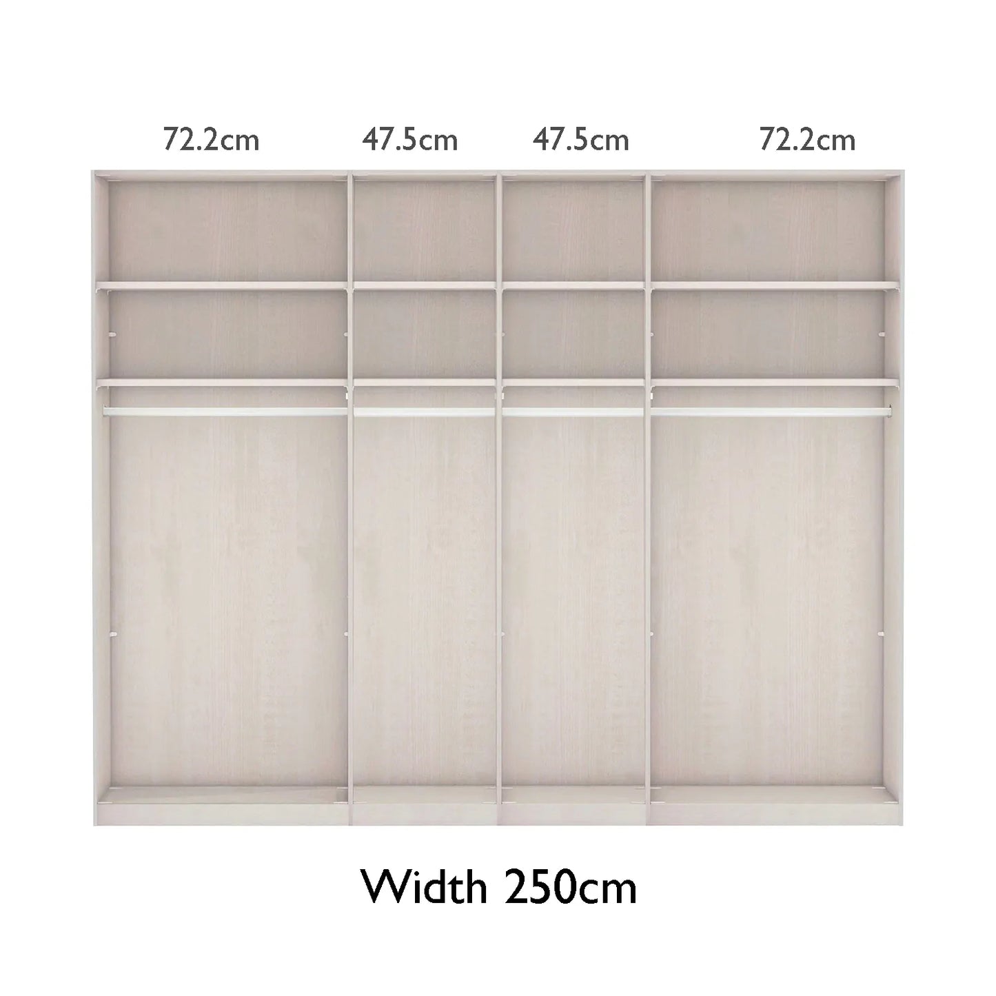 Corfu 250cm Closet organizer with measurements on a white background