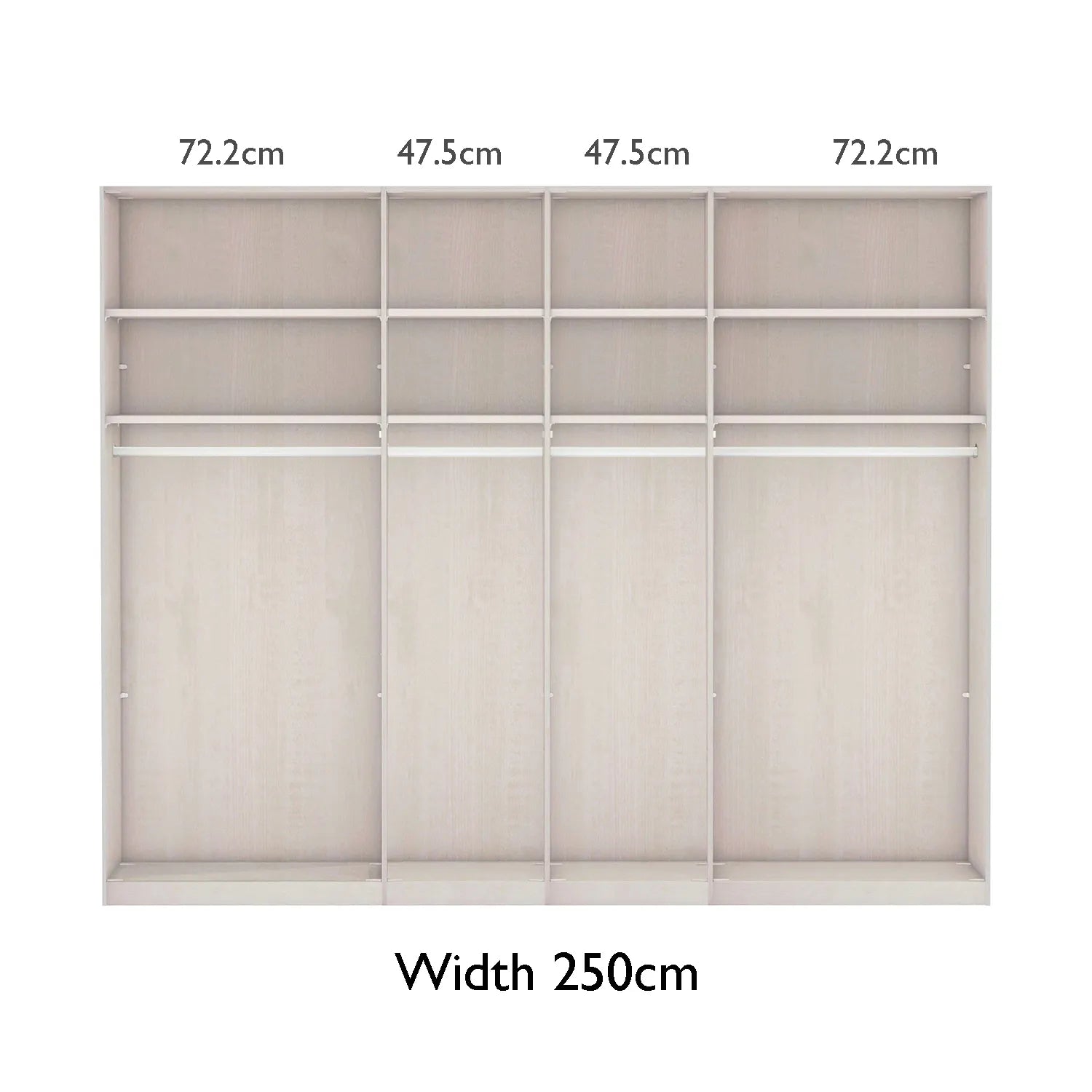Corfu 250cm Closet organizer with measurements on a white background