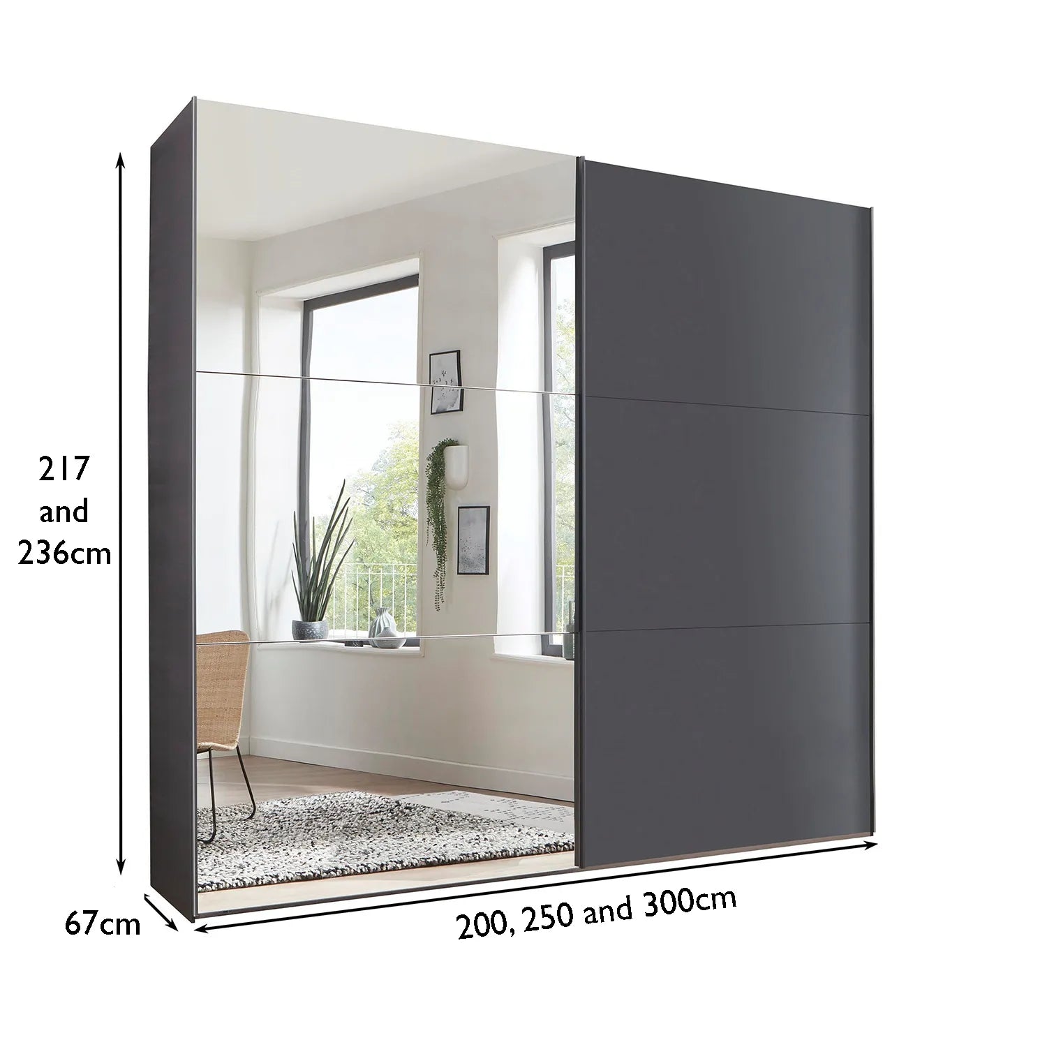 Graphite and Mirror Front wardrobe with dimensions indicated on a white background