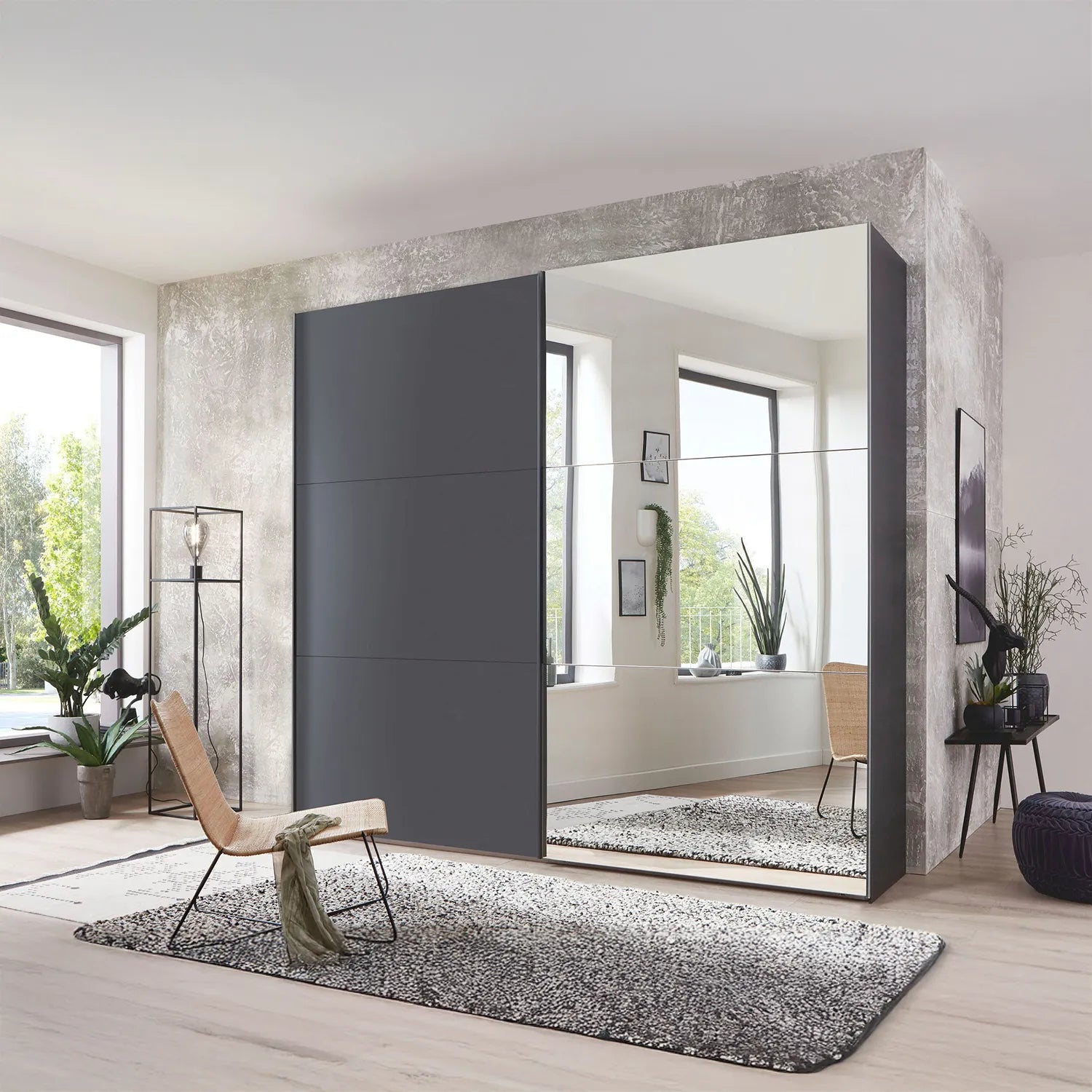 Corfu Graphite Sliding Door Wardrobe With Mirror on Right Door