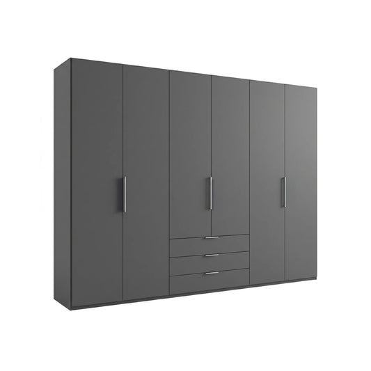 Graphite wardrobe with multiple doors and drawers on a white background