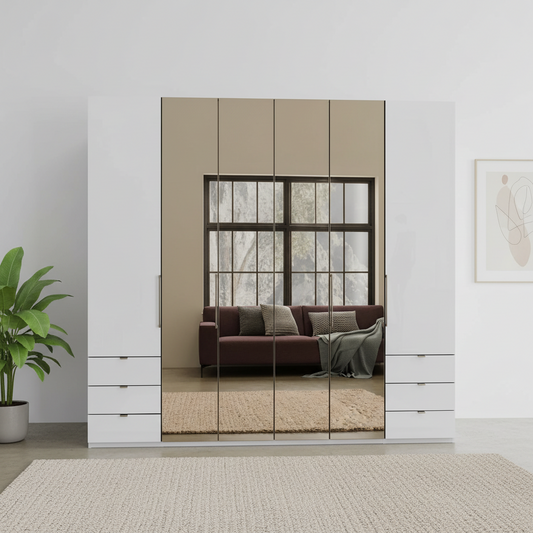 Wiemann Kansas Large 6 Door White Glass Wardrobe with Mirror