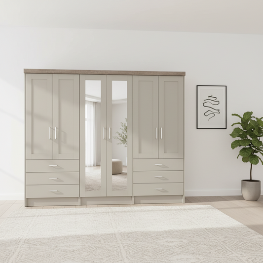 Wiemann Kempton Pebble Grey 300cm large wardrobe with 6 drawers and Mirror free assembly and German quality.