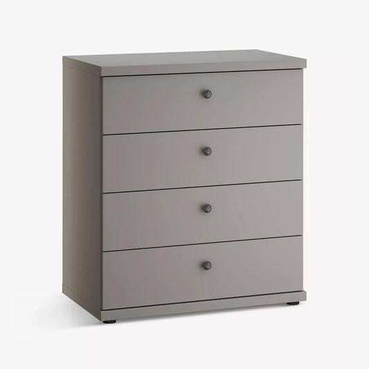 Gray dresser with four drawers on a white background