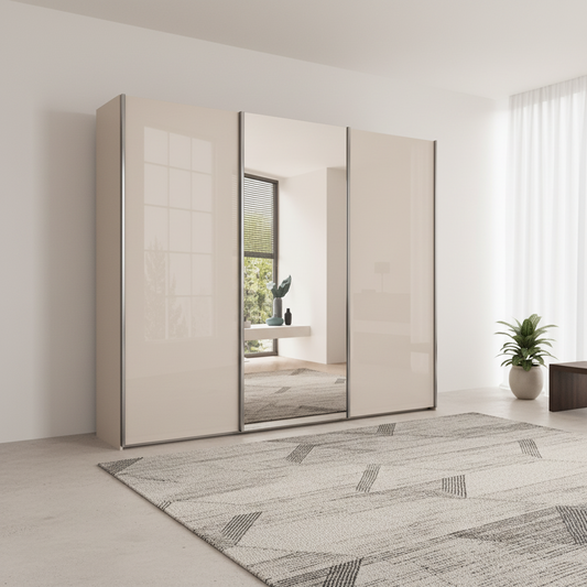 Wiemann Monaco 3000 Bianco Oak Champagne Glass Triple Sliding Door Wardrobe with Mirror