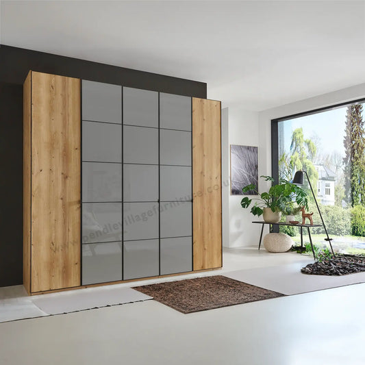 Zenith 250cm Bianco Oak with Havana Glass 5 Door Hinged Wardrobe