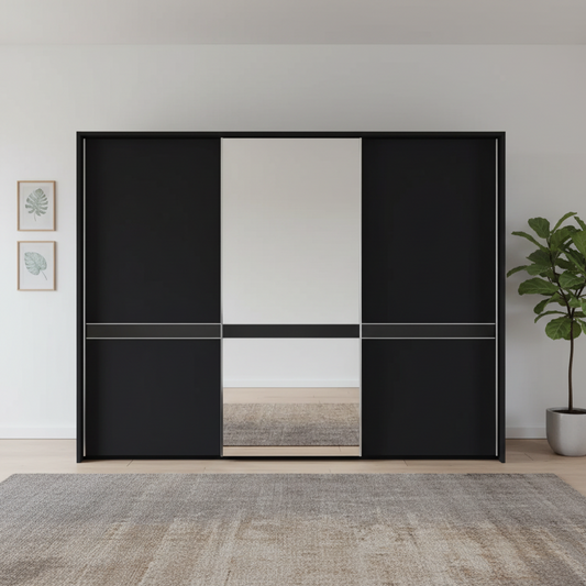 Wiemann Black sliding wardrobe door with mirror panel in a room with a plant and framed pictures.