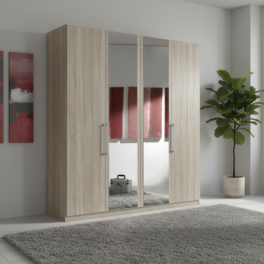 Wiemann Bristol 4 Door Rustic Oak and Mirror Front Wardrobe