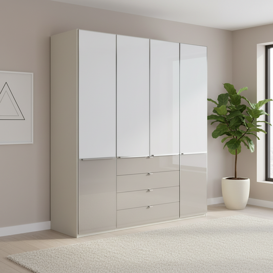 Glass White wardrobe with Glass Pebble Grey drawer fronts