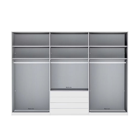 Wiemann Santa 300cm 6 Doors & 4 Drawers Combi Wardrobe in Havana The unit features gray shelves, two hanging rod bays, a central drawer compartment with three white drawers, and a right-side sliding closet door.