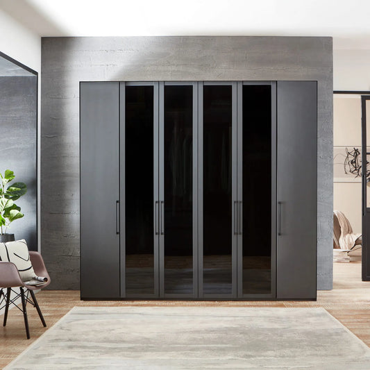 Wiemann Stylo 6 Door Wardrobe Graphite & Transparent Glass Front Available in W250cm Height 216cm or 236cm