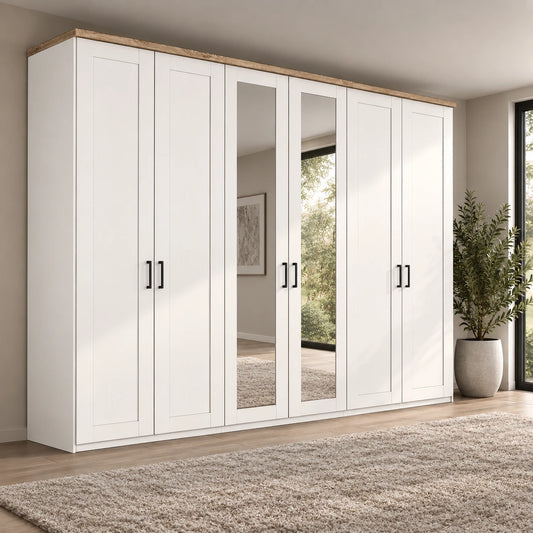 Wiemann Truro Large 6 Door Hinged Wardrobe in White colour with Oak Cornice and Mirrors on Middle two doors Width 300cm Height 220cm