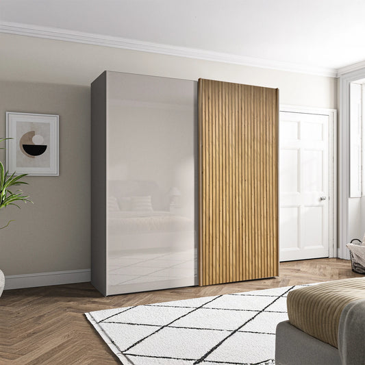 Tulsa Pebble Grey Glass & Slatted Sliding Wardrobe