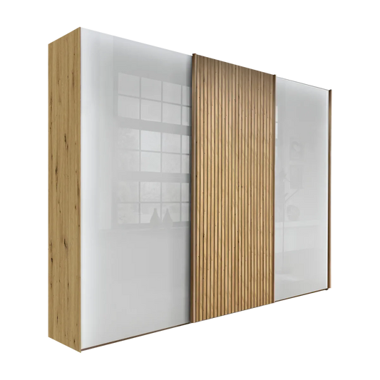 Tulsa 3 Door White Glass Sliding Door Wardrobe with Oak Decking