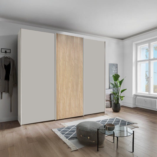 Tulsa 3 Door Decor Champagne Sliding Door Wardrobe with Oak Decking