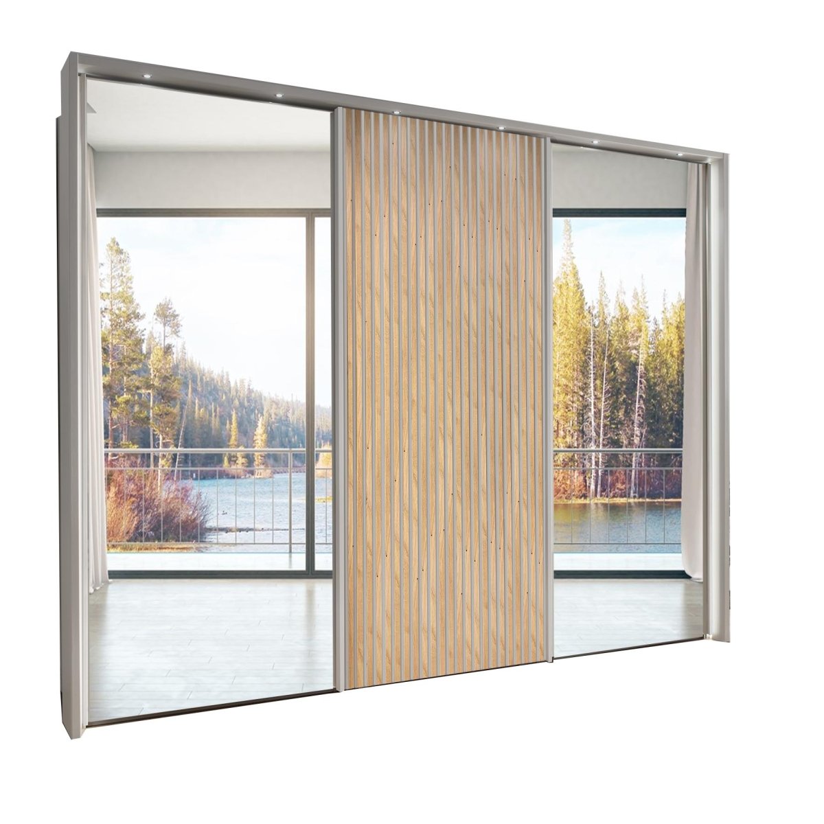 Tulsa Large 3 Door Wardrobe With Mirror and Decking Door - shown with passepartout frame. Available in various sizes