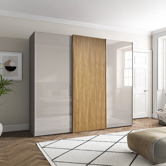 Tulsa Pebble Grey Glass 3 Door Sliding Wardrobe with Decking