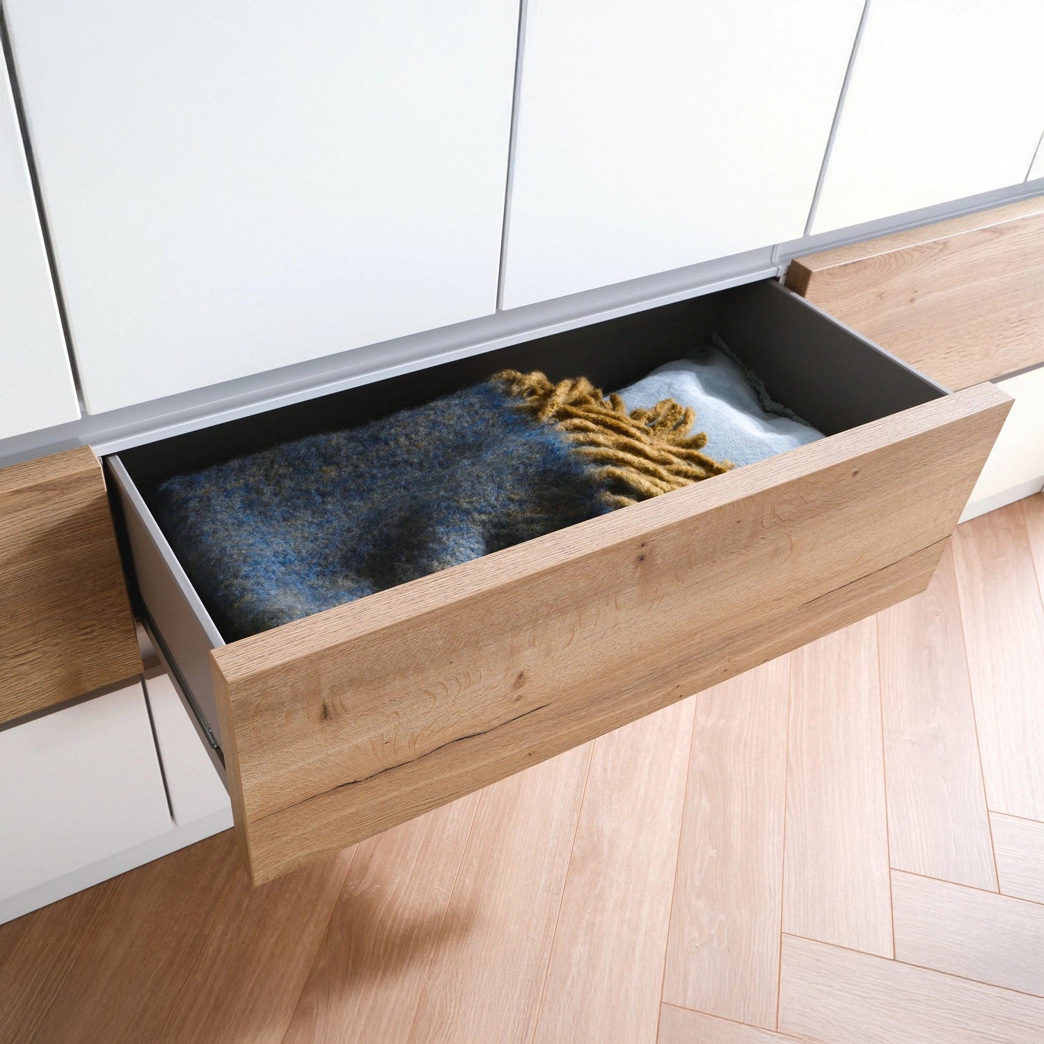 Winnipeg Alpine White With Mirror 4 Door Wardrobe with Drawers - W181CM - Drawers Closeup View Styled in a Bedroom