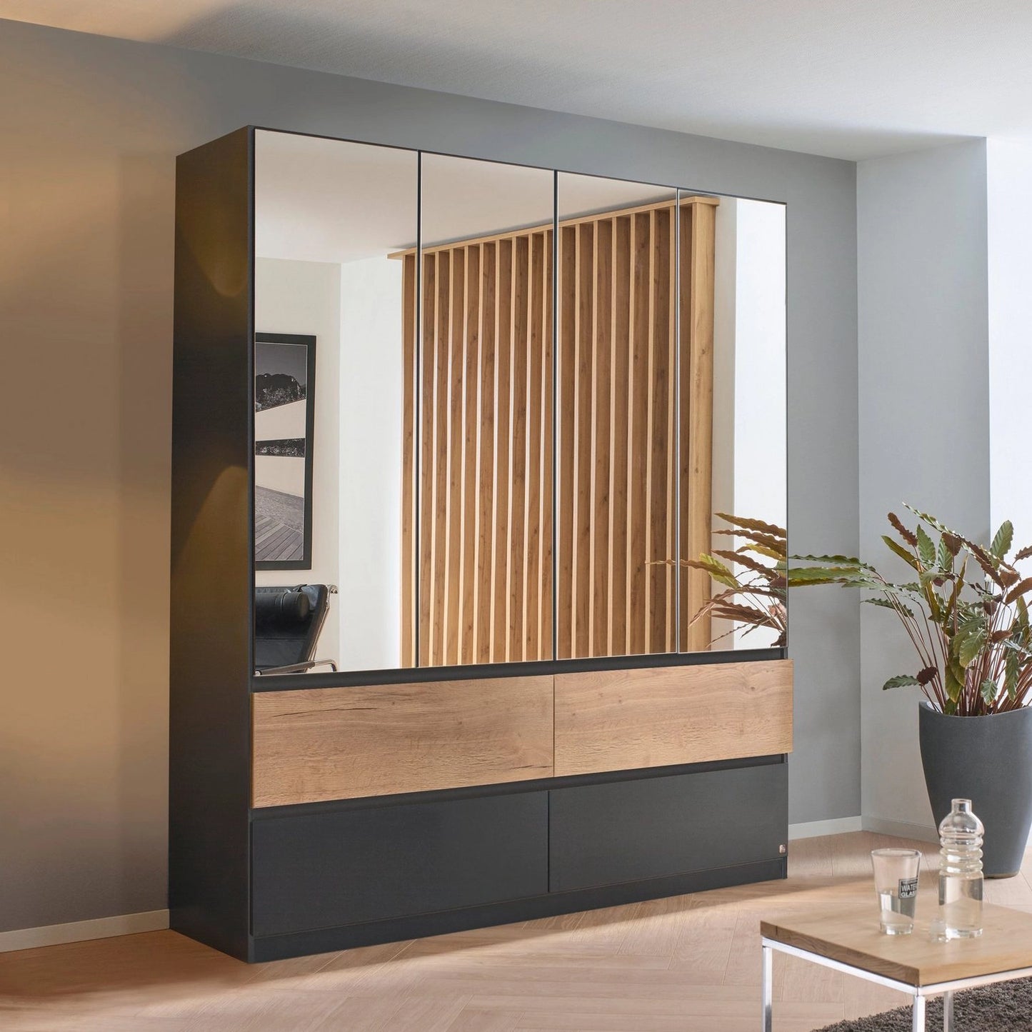 Winnipeg Metallic Grey With Mirror 4 Door Wardrobe with Drawers – W181CM - Styled in a Bedroom