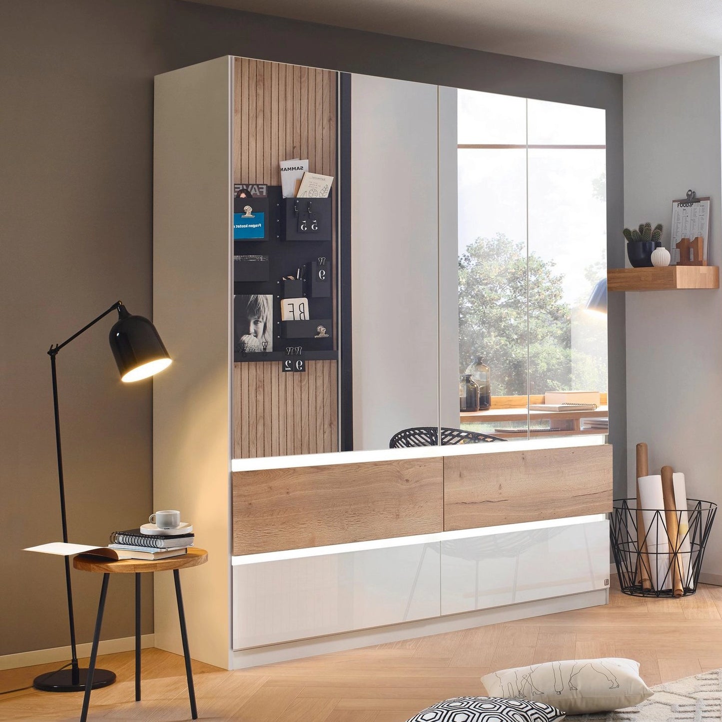 Winnipeg Alpine White With Mirror 4 Door Wardrobe with Drawers - W181CM - With Light Styled in a Bedroom