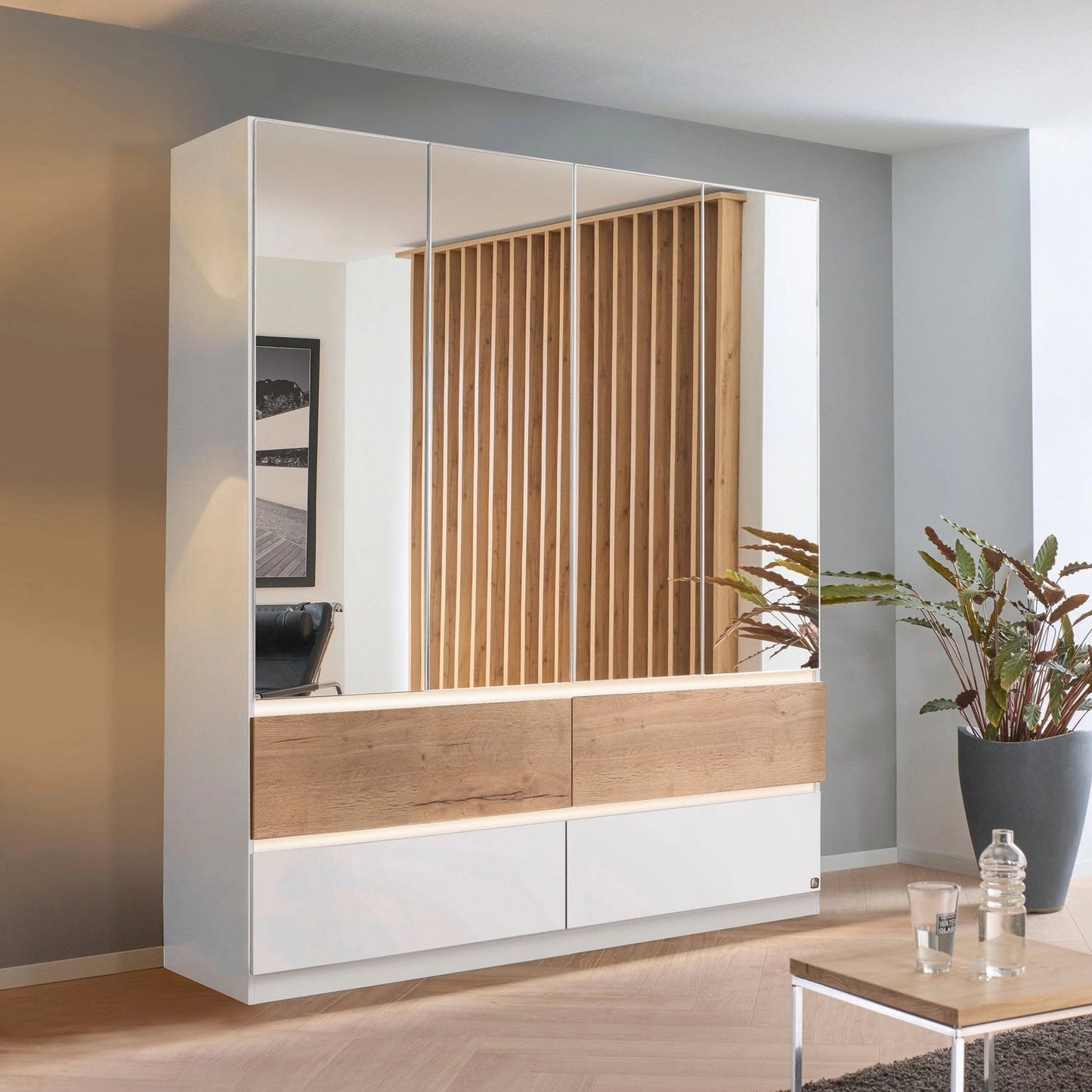 Winnipeg Alpine White With Mirror 5 Door Wardrobe with Drawers - W226CM - With Light Styled in a Bedroom