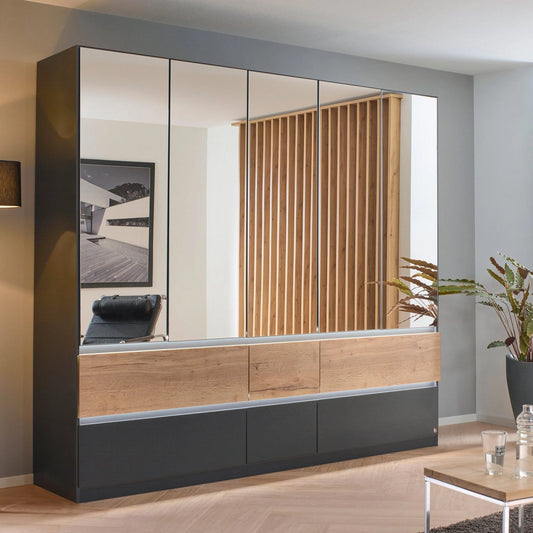 Winnipeg Metallic Grey With Mirror 5 Door Wardrobe with Drawers - W226CM - Styled in a Bedroom