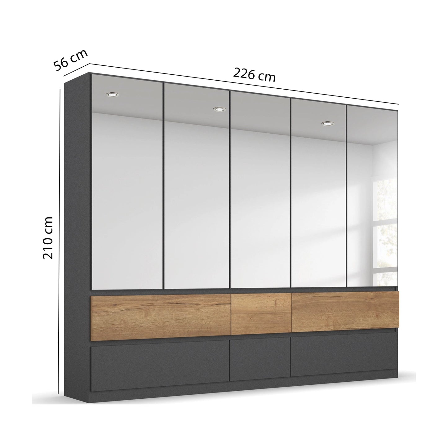 Winnipeg Metallic Grey With Mirror 5 Door Wardrobe with Drawers - W226CM - Dimensions