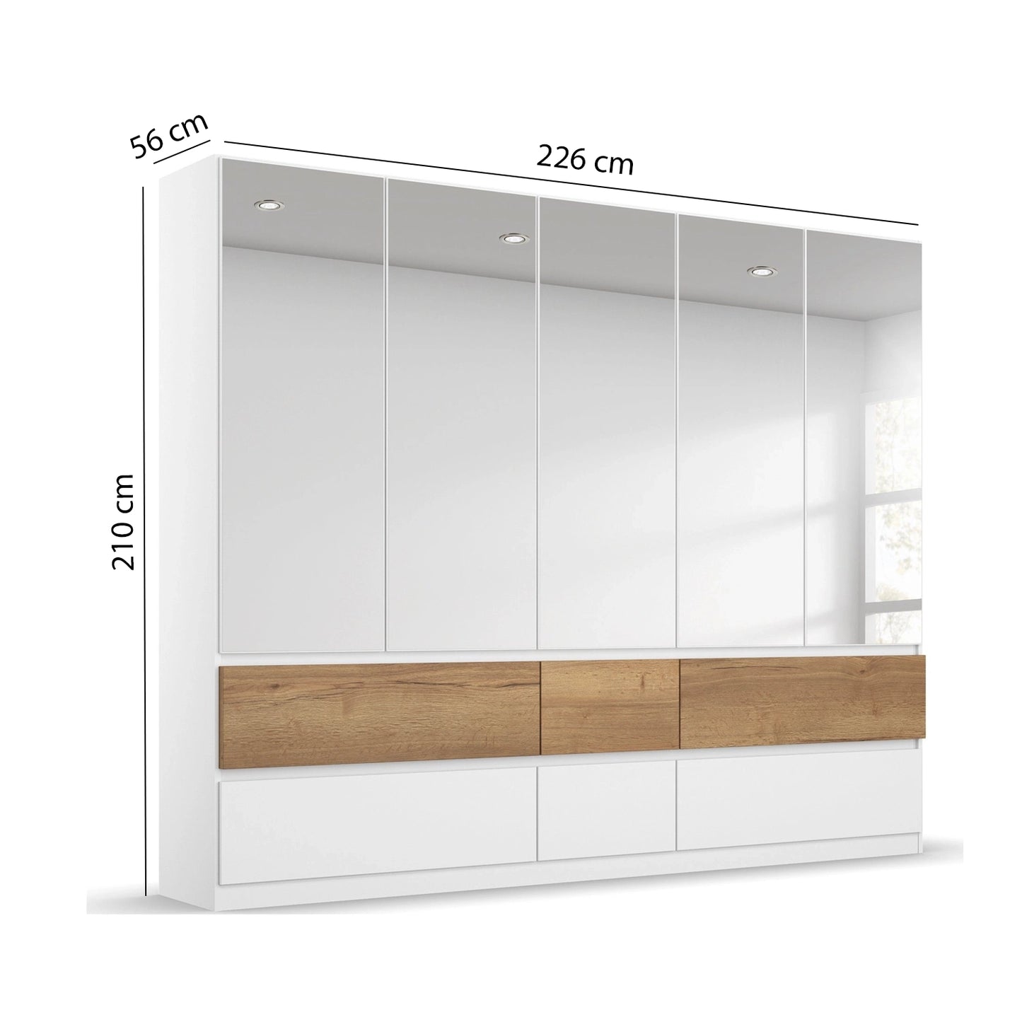 Winnipeg Alpine White With Mirror 5 Door Wardrobe with Drawers - W226CM - Dimensions