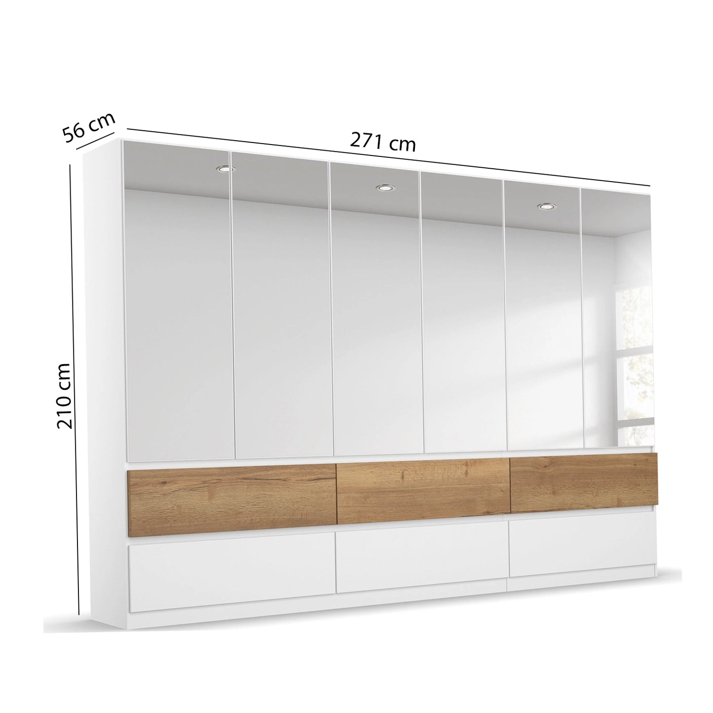 Winnipeg Alpine White With Mirror 6 Door Wardrobe with Drawers - W271CM - Dimensions