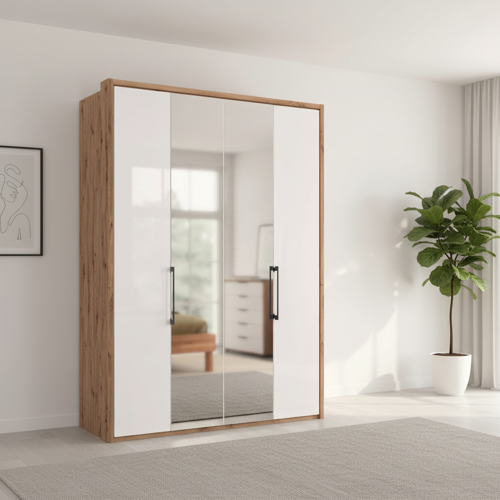 Wiemann Saka 150cm bi-fold wardrobe with 2 glass doors and 2 mirror doors