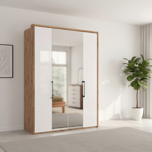 Wiemann Saka 150cm bi-fold wardrobe with 2 glass doors and 2 mirror doors