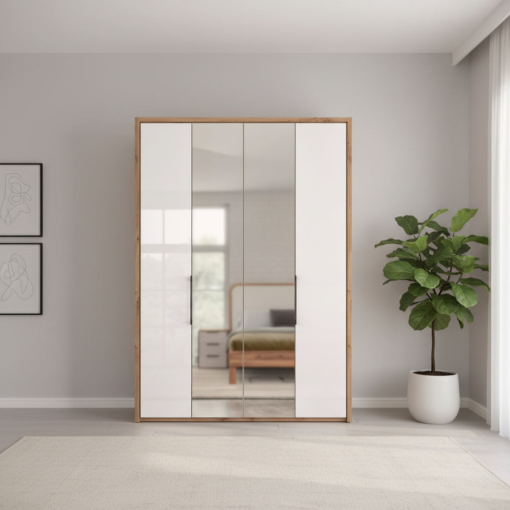 White Oak Wiemann Saka wardrobe with mirrored centre doors