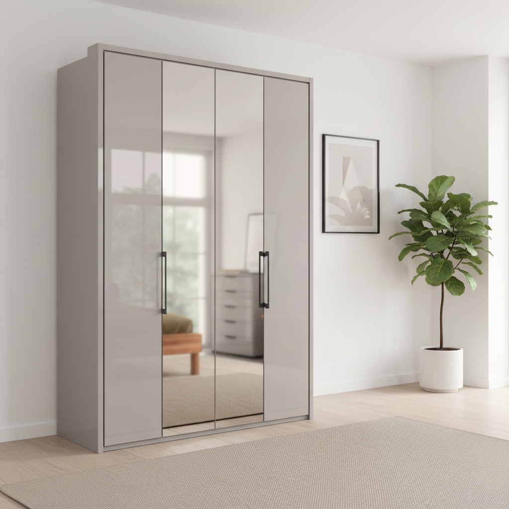Wiemann Saka 150cm Bi-Fold Wardrobe With 2 Glass Doors & 2 Mirror Doors in Glass Pebble Grey