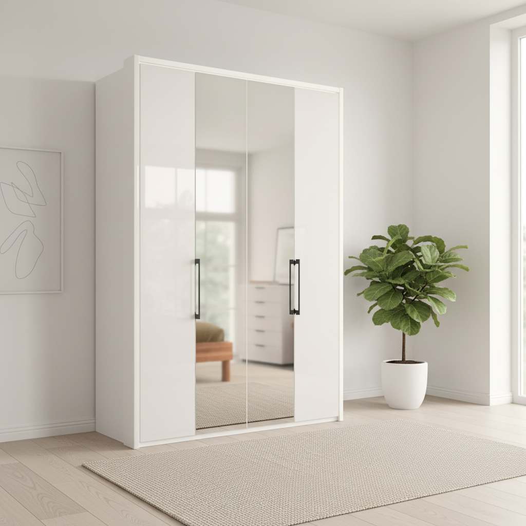 Wiemann Saka 150cm Bi-Fold Wardrobe With 2 Glass Doors & 2 Mirror Doors in Glass White