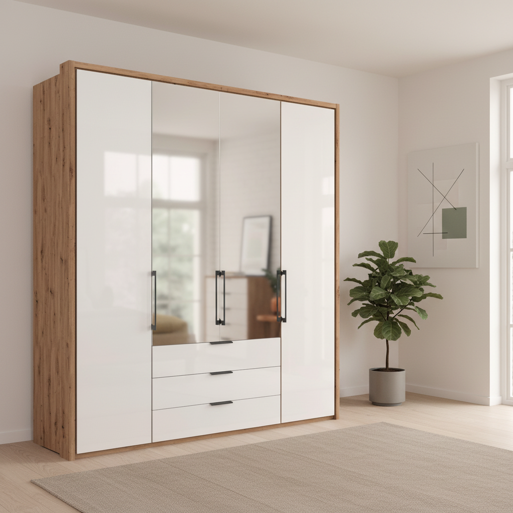 Wiemann Saka 200cm bi-fold wardrobe with 2 glass doors 2 mirror doors and 3 glass drawers