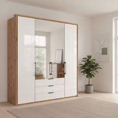 Wiemann Saka 200cm bi-fold wardrobe with 2 glass doors 2 mirror doors and 3 glass drawers