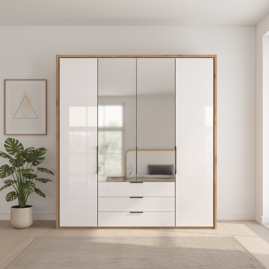 White Oak Wiemann Saka wardrobe with mirrored centre doors and drawer storage