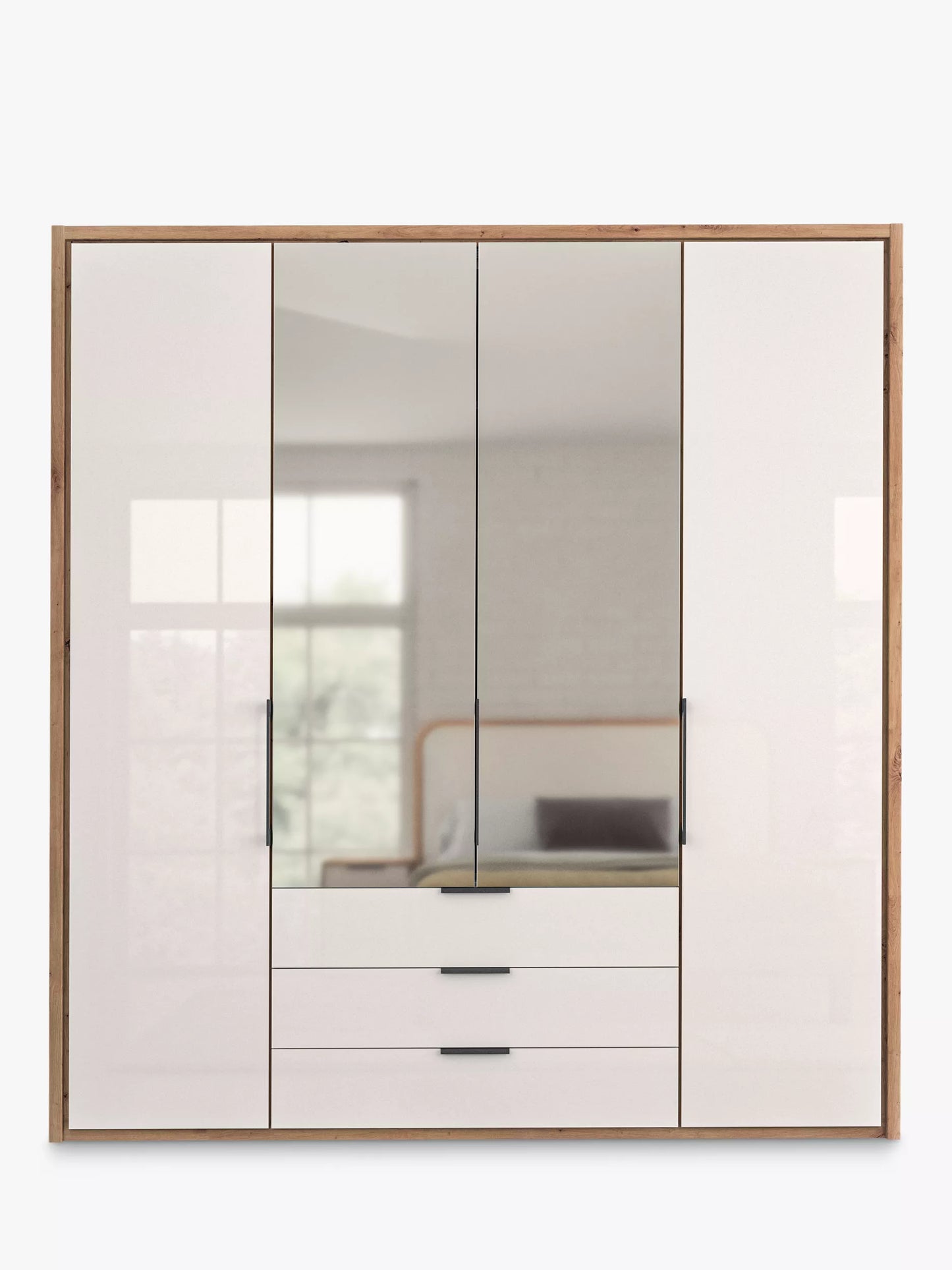 Wiemann Saka 200cm Bi-Fold Wardrobe With 2 Glass Doors & 2 Mirror Doors & 3 Glass Drawers
