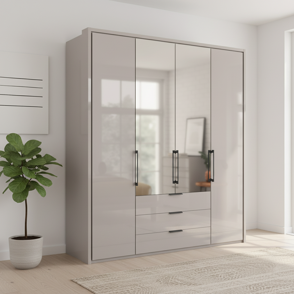Wiemann Saka 200cm Bi-Fold Wardrobe With 2 Glass Doors & 2 Mirror Doors & 3 Glass Drawers in  Pebble Grey styled in a modern room