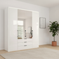 Wiemann Saka 200cm Bi-Fold Wardrobe With 2 Glass Doors & 2 Mirror Doors & 3 Glass Drawers in Glass White styled in a modern room