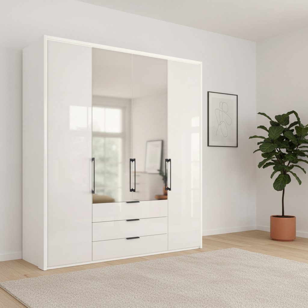 Wiemann Saka 200cm Bi-Fold Wardrobe With 2 Glass Doors & 2 Mirror Doors & 3 Glass Drawers in Glass White styled in a modern room