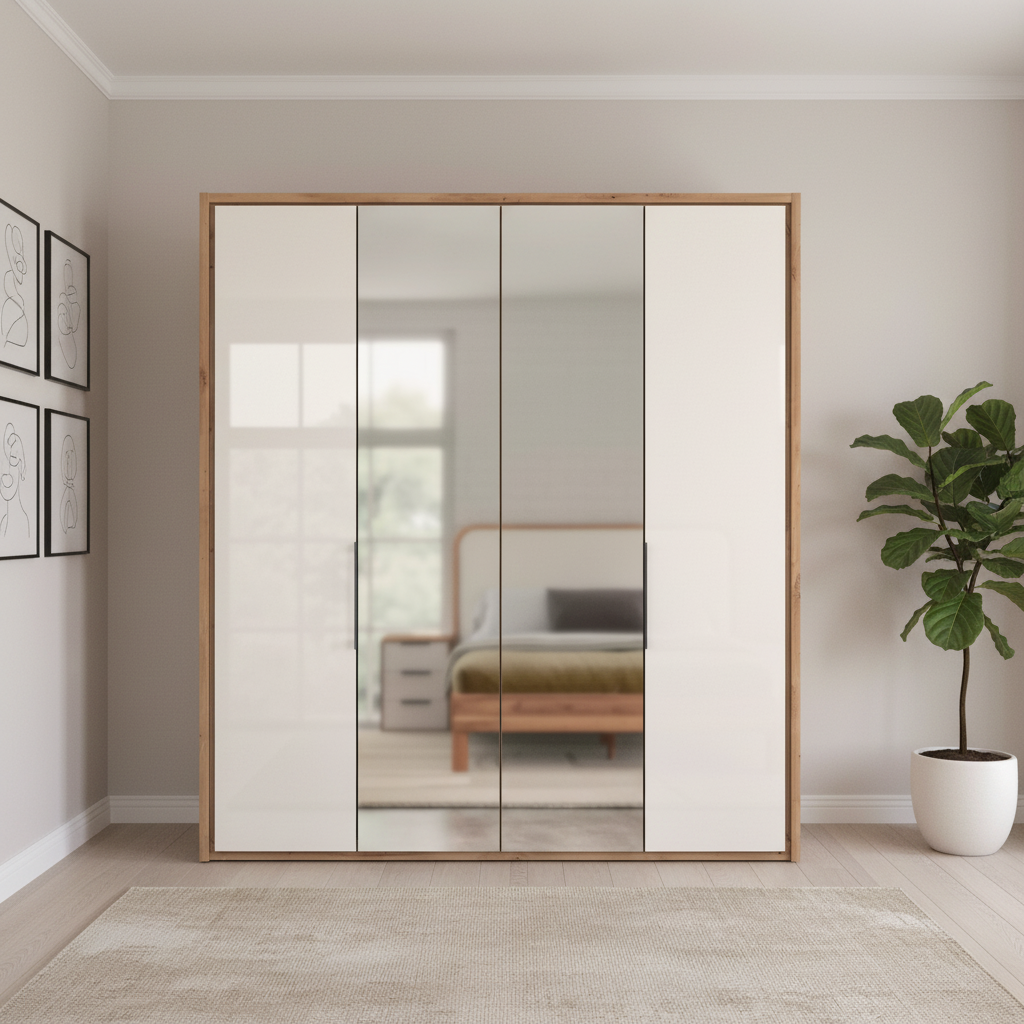 White Oak Wiemann Saka wardrobe with mirrored centre panels