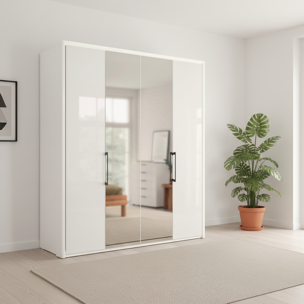 Wiemann Saka 200cm Bi-Fold Wardrobe With 2 Glass Doors & 2 Mirror Doors in White Glass Styled in a bedroom