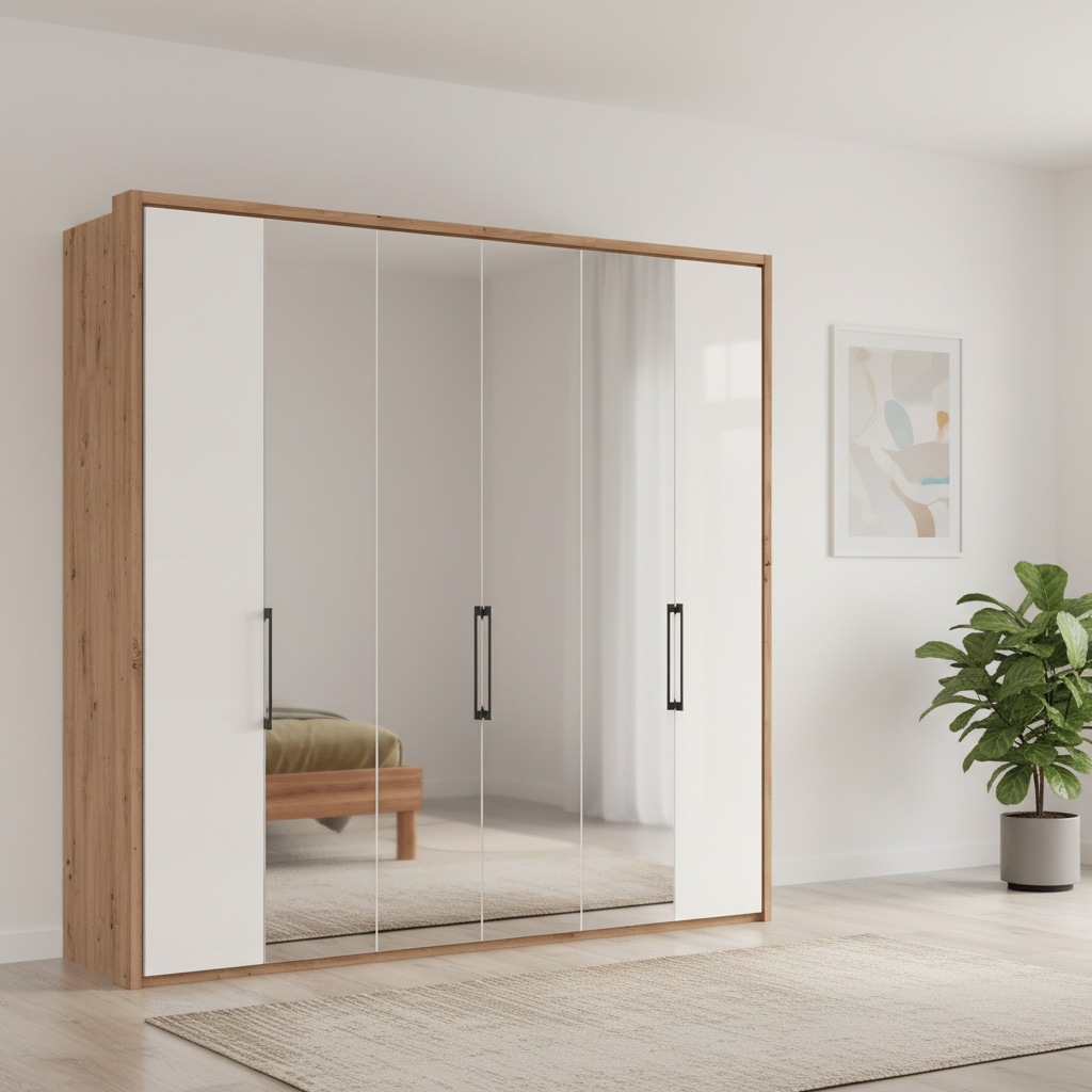 Wiemann Saka 225cm bi-fold wardrobe with 2 glass doors and 4 mirror doors