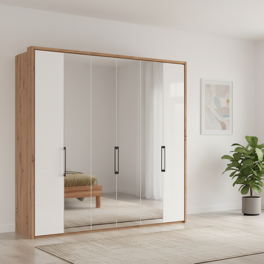 Wiemann Saka 225cm bi-fold wardrobe with 2 glass doors and 4 mirror doors