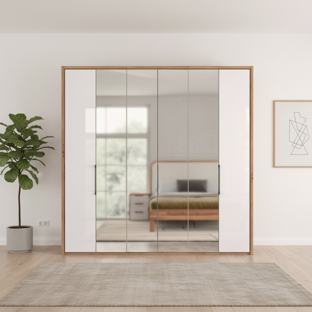 White Oak Wiemann Saka wardrobe with mirrored centre panels