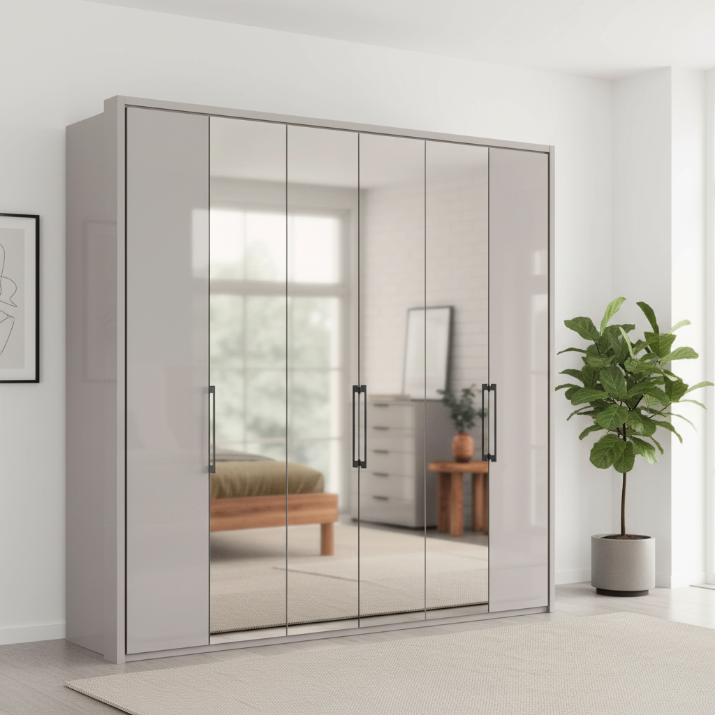 Wiemann Saka 225cm Bi-Fold Wardrobe With 2 Glass Doors & 4 Mirror Doors in Glass Pebble Grey styled in  a modern bedroom