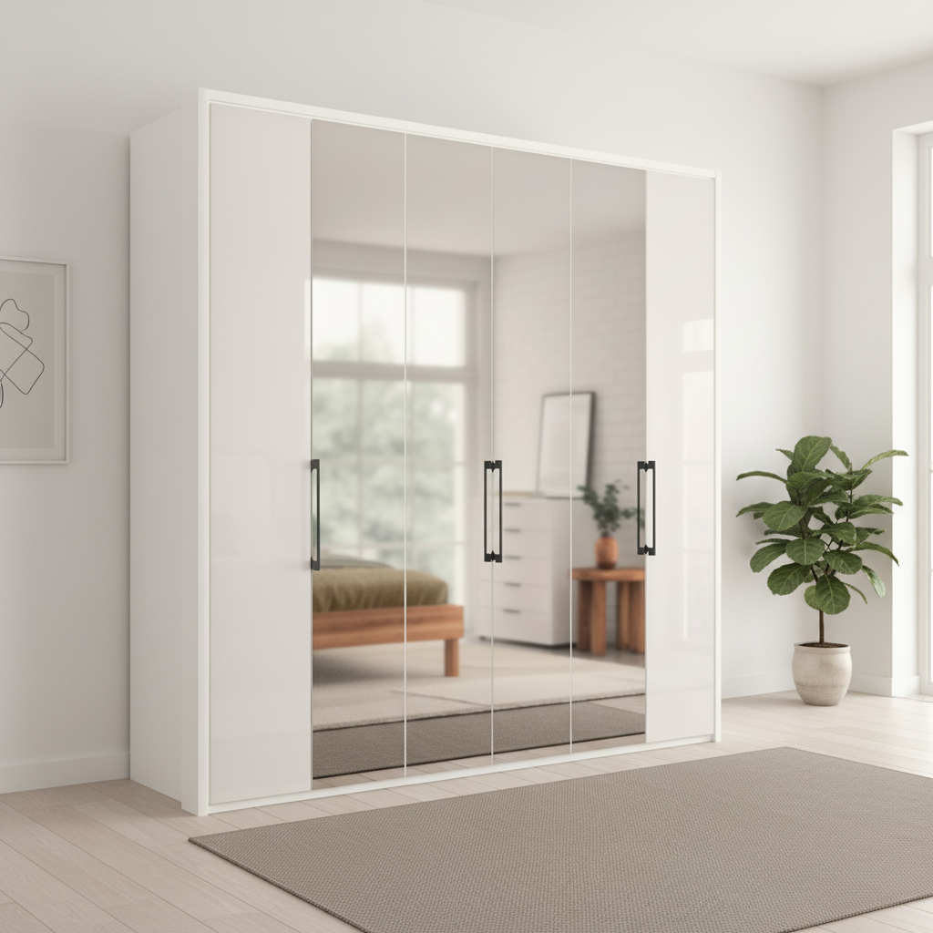 Wiemann Saka 225cm Bi-Fold Wardrobe With 2 Glass Doors & 4 Mirror Doors in Glass White styled in a modern room