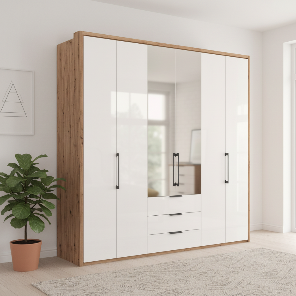 Wiemann Saka 225cm bi-fold wardrobe with 4 glass doors 2 mirror doors and 3 glass drawers
